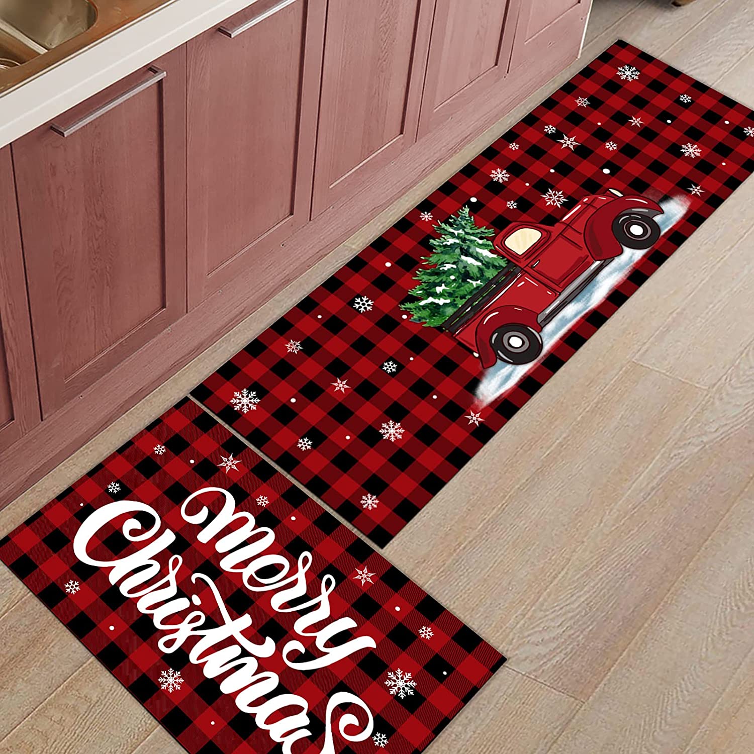 2 Piece Red Truck Kitchen Rug Set Merry Christmas Indoor Floor Mats for Winter, Xmas Door Mat