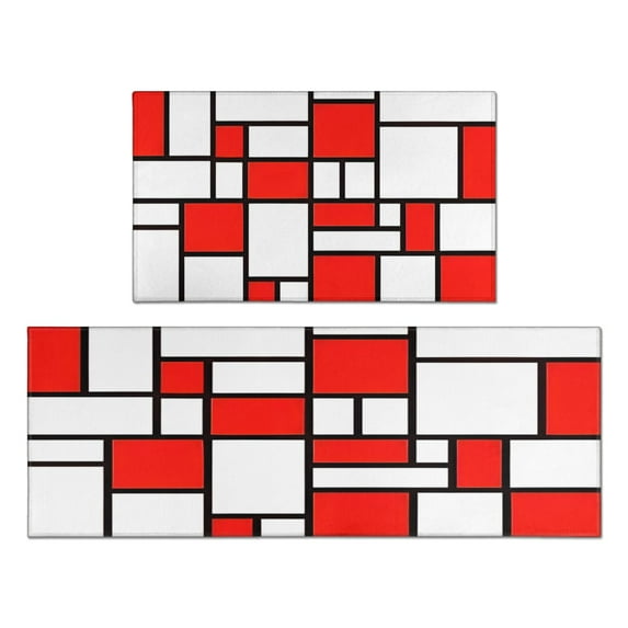 2 Piece Red White Geometric` Rug Kitchen Rug Set, Decor Kitchen Rugs, Absorbent Non-Slip Washable Floor Mats, Home Indoor Runner Rugs 17"x47"+17"x30"