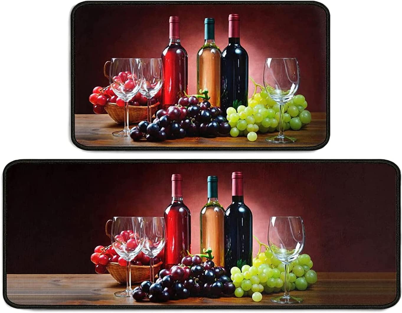 2 Piece Red Wine Kitchen Rug Set, 3D Wine Glasses Kitchen Rugs and Mats