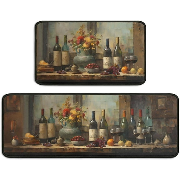 2 Piece Red Wine Kitchen Rug Set, Wine Glasses Kitchen Rugs and Mats Non Skid Washable Absorbent Microfiber Kitchen Floor Decor Mat 17"x47"+17"x30"