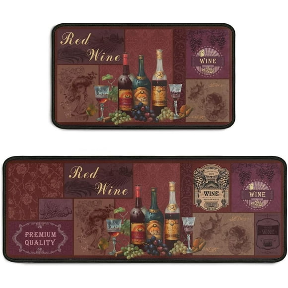 2 Piece Red Wine Kitchen Rug Set, Wine Glasses Kitchen Rugs and Mats Non Skid Washable Absorbent Microfiber Kitchen Floor Decor Mat 17"x47"+17"x30"