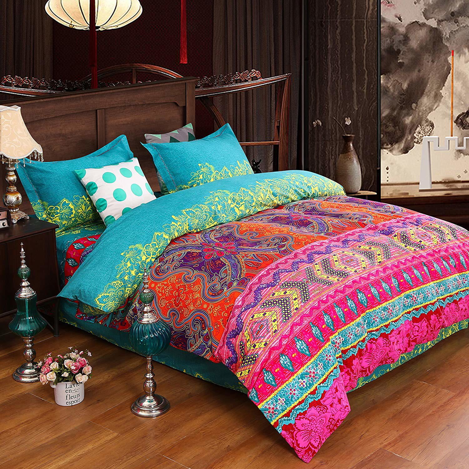 Boho Twin Bedding Set: Piece Red and Blue Mandala Reversible
