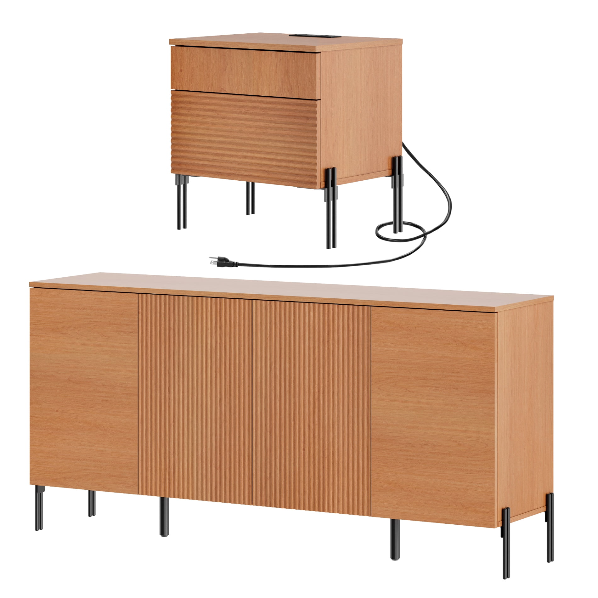 2-Piece Reeded Bedroom Set, Modern Minimalist Nightstand and Dresser Set, Oak Wooden Chest With Hidden Handles For Bedroom, Living Room