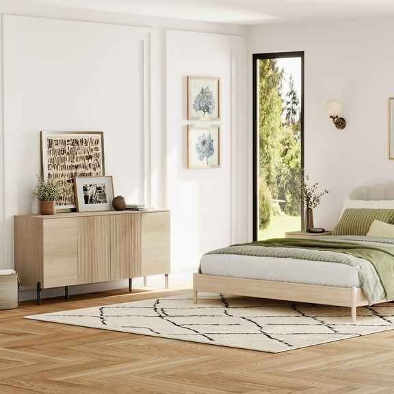 2-Piece Reeded Bedroom Set, Modern Minimalist Nightstand and Dresser Set, Oak Wooden Chest With Hidden Handles For Bedroom, Living Room