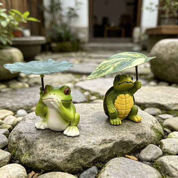2 Piece Resin Animal Garden Statue Set with Leaf Umbrella for Yard Decor
