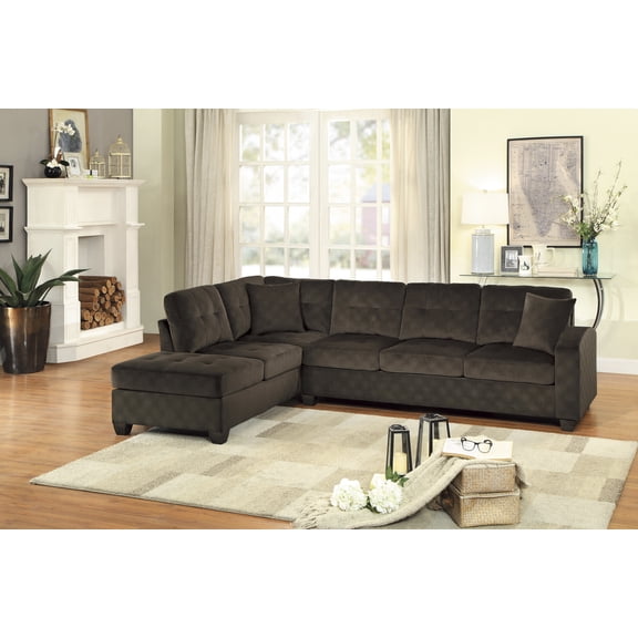 2-Piece Reversible Sectional With Chaise Tufted Detail Chocolate Microfiber Upholstered Modern Living Room Furniture
