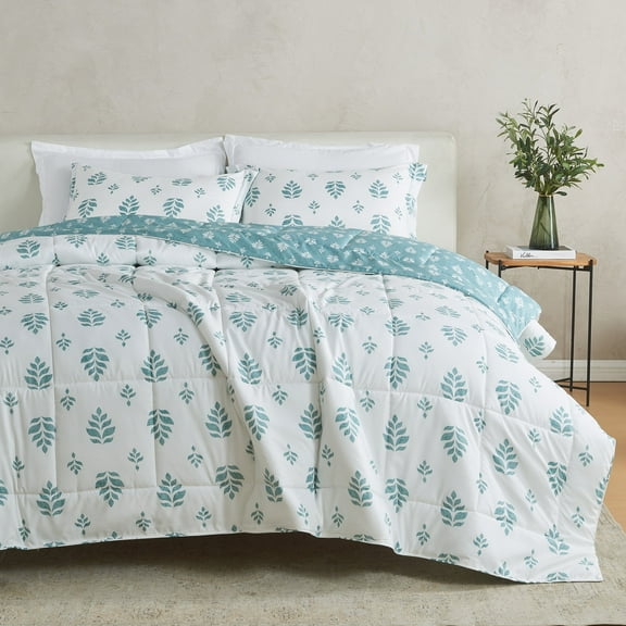 2-Piece Reversible Solid / Printed Down Alternative Comfort Set with Shams (Twin / Twin XL, White Sage Floral Print)