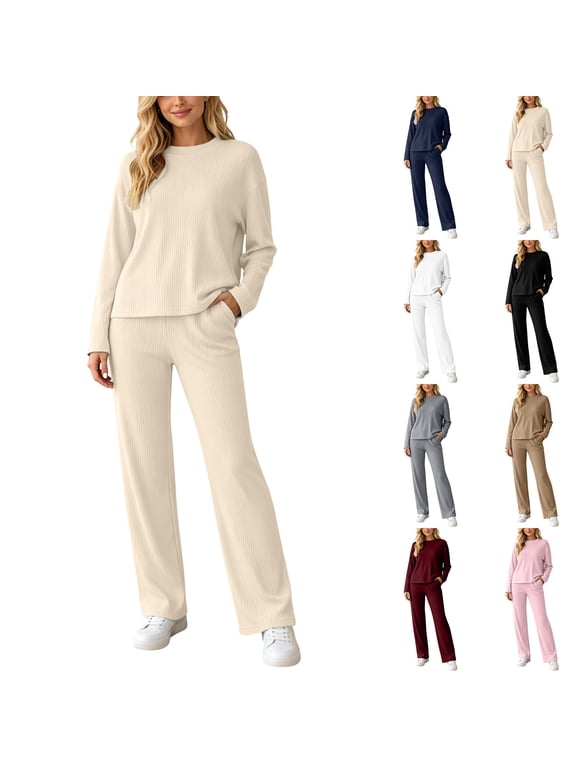 2 Piece Ribbed Knit Set For Women Fall Crewneck Long Sleeve Tops & Straight Leg Pants Casual Lounge Outfits, S-XXL