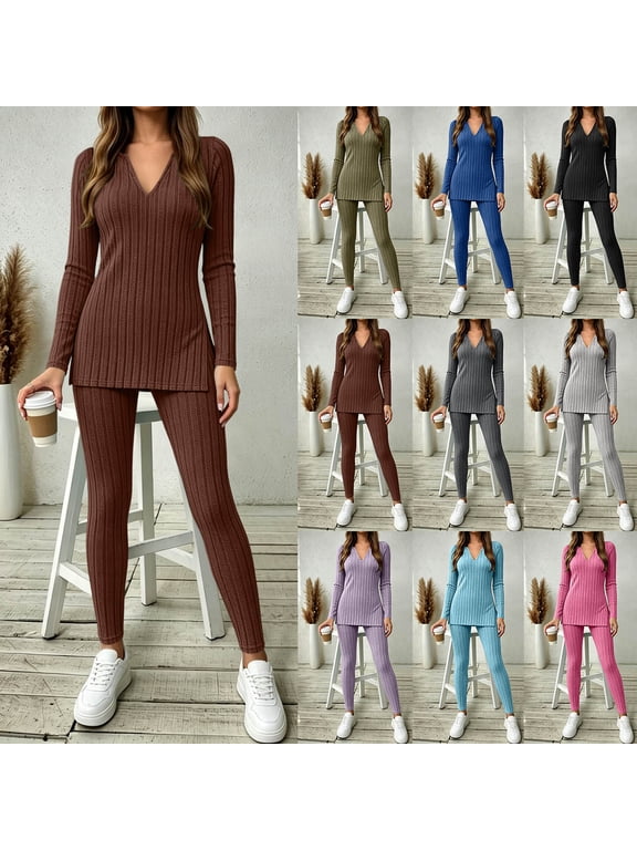 2 Piece Ribbed Knit Set For Women, V-Neck Long Sleeve Top, Elastic Waist Pants, Fall Stretchy Lounge Casual Yoga Outfit S-XXL