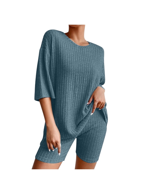2 Piece Ribbed Knit Set Womens Oversized Half Sleeve Tops Biker Shorts Comfortable Casual Loungewear Outfits Dark Blue S