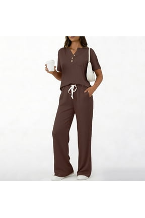 2 Piece Ribbed Knit Set Womens Short Sleeve Tops Drawstring Wide Leg Pants Loungewear Daily Causal Airport Travel Outfit Coffee S