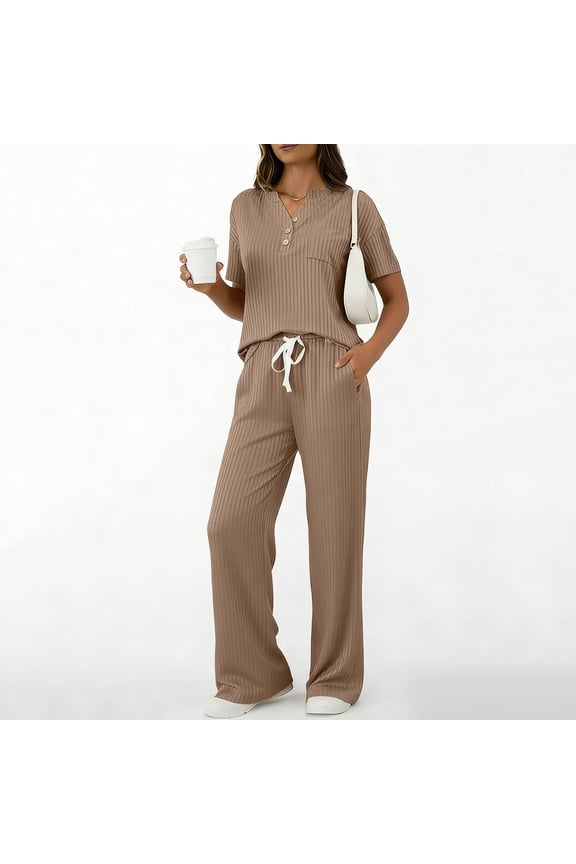 2 Piece Ribbed Knit Set Womens Short Sleeve Tops Drawstring Wide Leg Pants Loungewear Daily Causal Airport Travel Outfit Khaki S