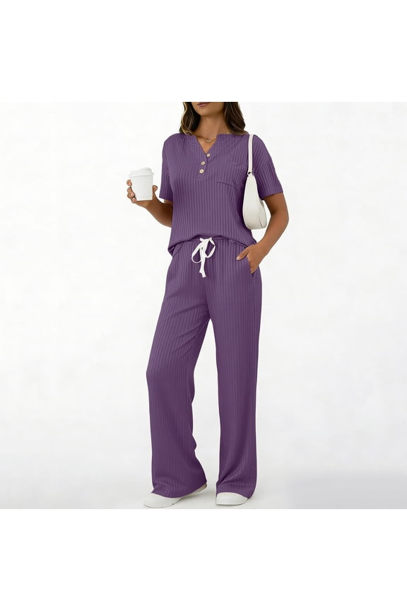 2 Piece Ribbed Knit Set Womens Short Sleeve Tops Drawstring Wide Leg Pants Loungewear Daily Causal Airport Travel Outfit Purple M