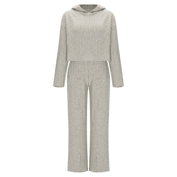 2 Piece Ribbed Lounge Sets for Women Sleepwear Casual Outfits Cropped Hoodies Wide Leg Pants Set Fall Pajamas Gray, S