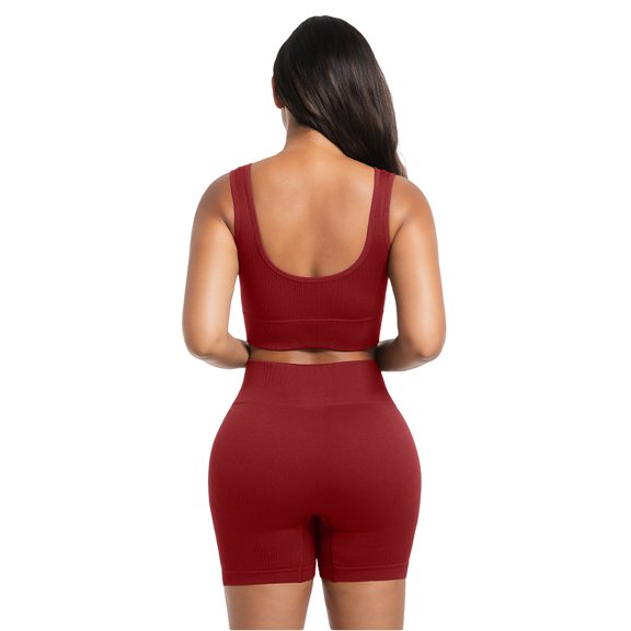 2 Piece Ribbed Workout Outfits JIANLAI Square Neck Crop Tank Top, High Waist Stretch Biker Shorts, Seamless Athletic Tracksuit for Gym Running Daily Casual Wear
