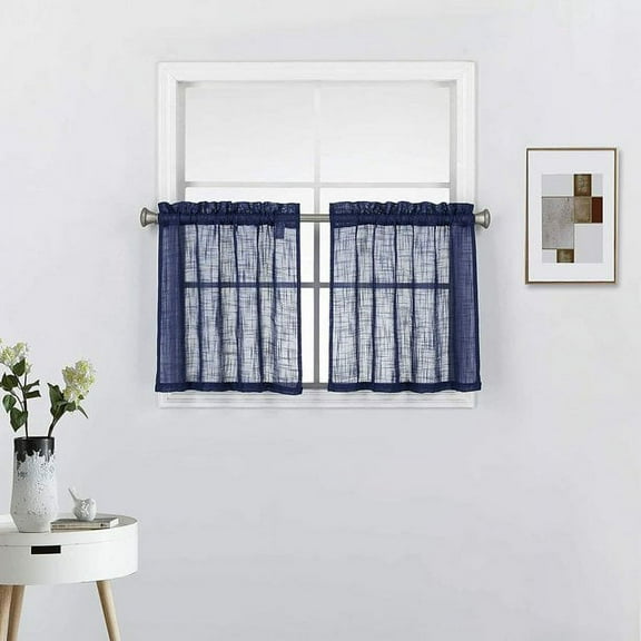 2 Piece Rod Pocket Light Filtering Linen Textured Window Treatment Tier Curtains Set, (24" Long, Navy)