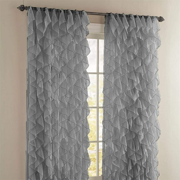 2 Piece Rod Pocket Sheer Voile Vertical Ruffled Waterfall Window Curtain Panels Set (63" Long, Gray)