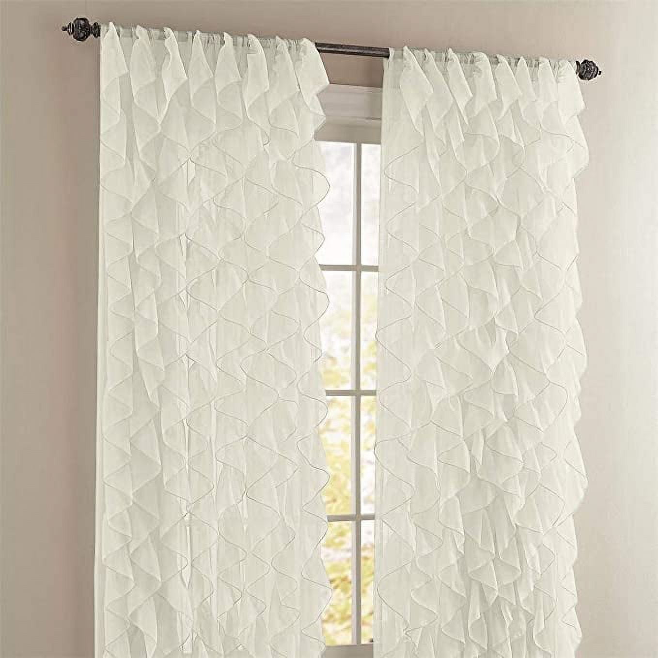 2 Piece Rod Pocket Sheer Voile Vertical Ruffled Waterfall Window Curtain Panels Set (84" Long, Beige)