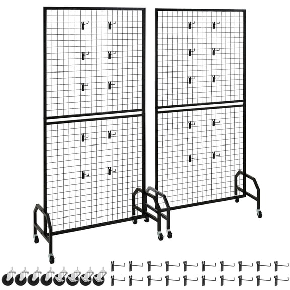 2-Piece Rolling Gridwall Display, 2.9x5.9 ft Mobile Panel Rack with Hooks for Craft Fairs, Retail Storage, Home Decor