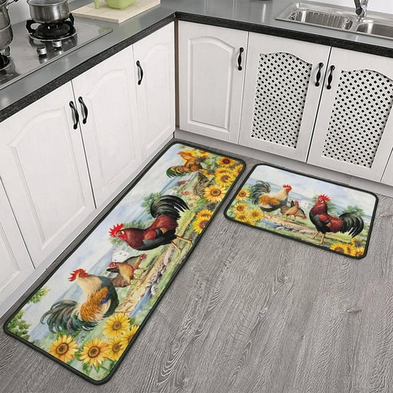2 Piece Rooster Kitchen Rugs Sunflower Kitchen Decor Non Slip