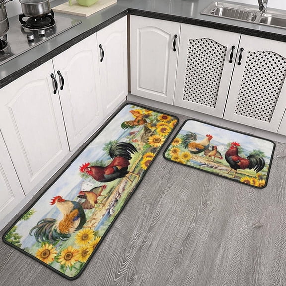 2 Piece Rooster Kitchen Rugs Sunflower Kitchen Decor Non Slip