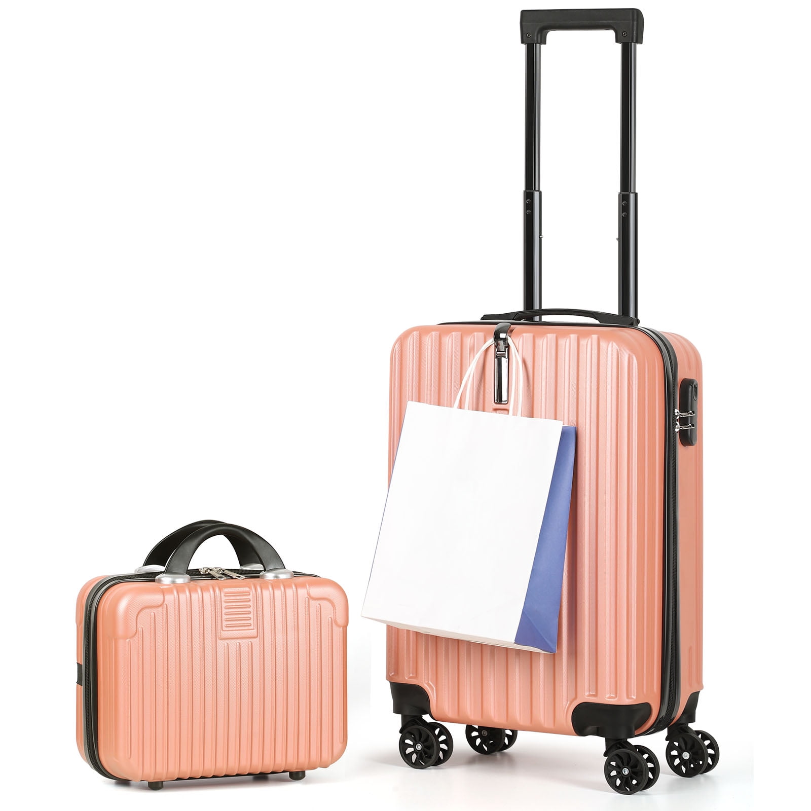 2-Piece Rose Gold ABS Luggage Set with 14" Cosmetic Case, 20" Hardside Spinner Suitcase with TSA Lock, Lightweight Travel Bag for Women Men