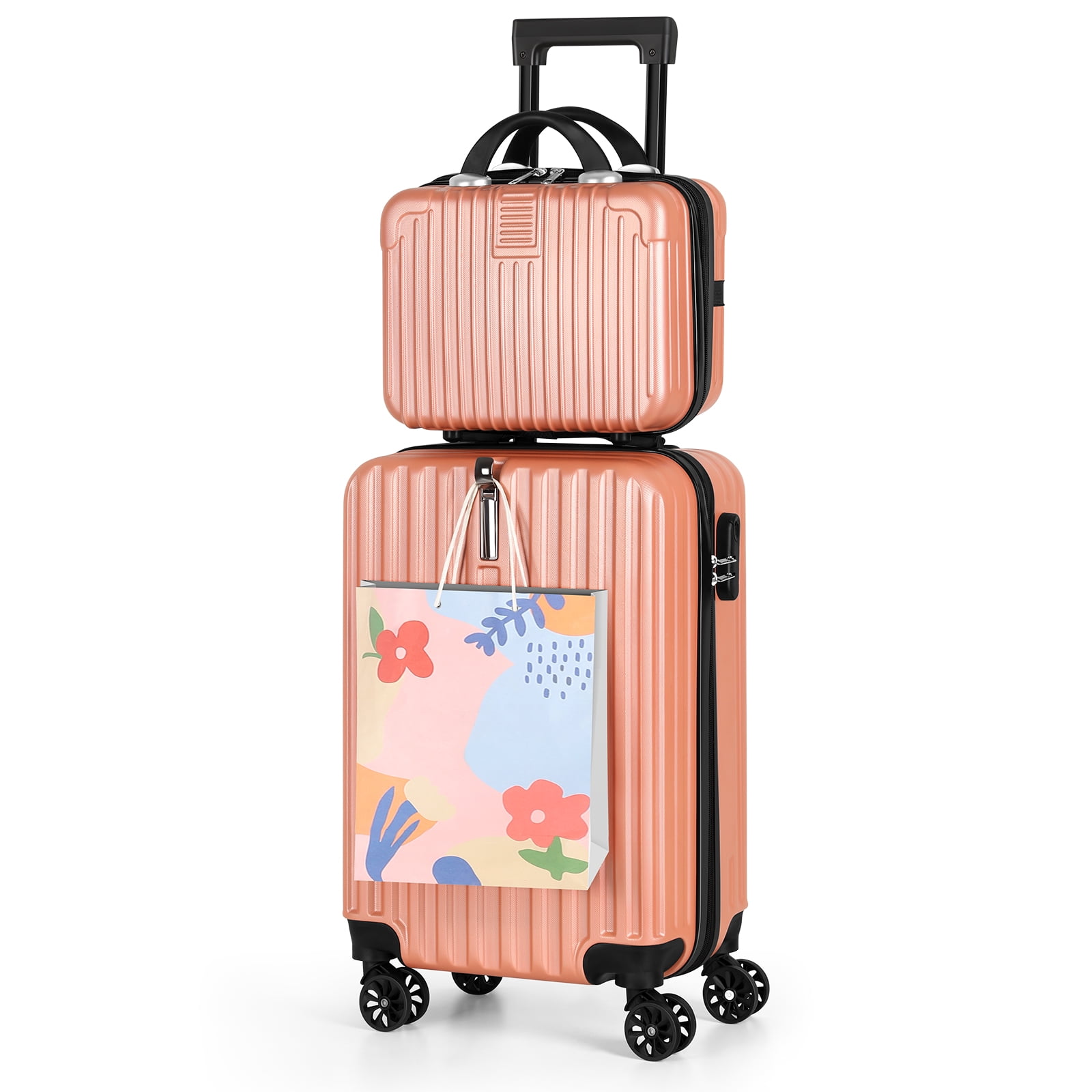 2-Piece Rose Gold PC Luggage Set with 14" Cosmetic Case, 20" Hardside Spinner Suitcase Made of Premium Polycarbonate, Lightweight Travel Bag with TSA Lock for Business & Leisure