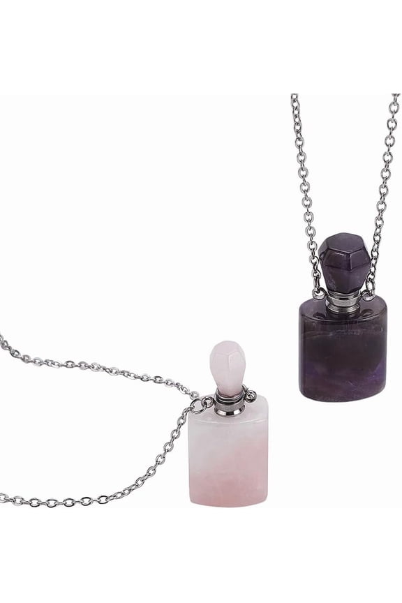 2-Piece Rose Quartz & Amethyst Essential Oil Diffuser Necklaces 18.5" Stainless Chain Crystal Perfume Bottle Pendants