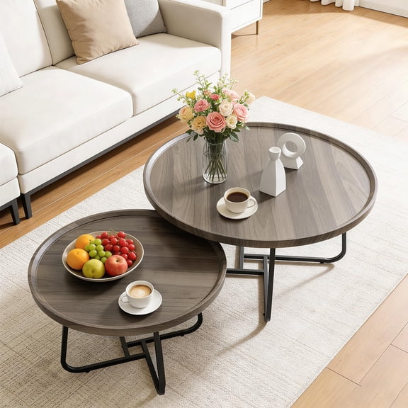 2-Piece Round Coffee Table Set, Bamboo Tabletop with Sturdy Metal Frame, Modern End Side Tables for Living Room Bedroom Apartment Small Space, Easy Assembly