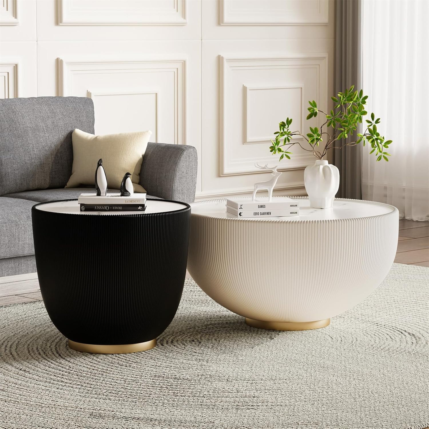 2-Piece Round Coffee Table Set with Sintered Stone Top, PU Leather ...