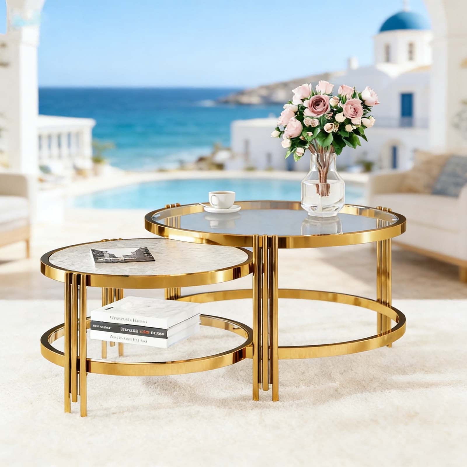 2-Piece Round Gold Coffee Table Set, Tempered Textured Glass Modern ...