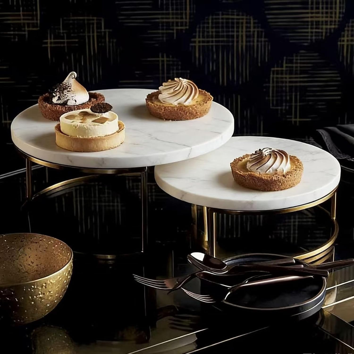 2-Piece Round Marble Cake Stand Set - 9.5 and 7.9 Inch Marble & Gold ...