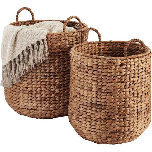 2-Piece Round Nesting Baskets W/Handles, Handwoven Water Hyacinth, Plant Holder, Laundry Basket, Storage Organizer, Tote Bins for Bedroom, Living Room, & Laundry Room - Chestnut