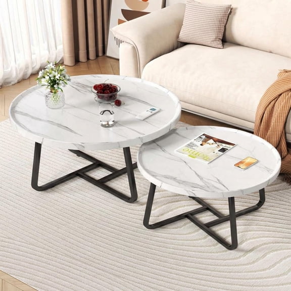 2-Piece Round Nesting Coffee Table Set, Mid-Century Modern Side Tables with Walnut & White Marble Finish, Easy Assembly for Living Room, Bedroom