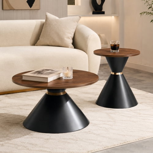 2-Piece Round Nesting Coffee Table Set, Walnut Wood Grain Tabletop with Metal Base, Mid-Century Modern Accent Tables for Living Room Bedroom, Walnut + Black