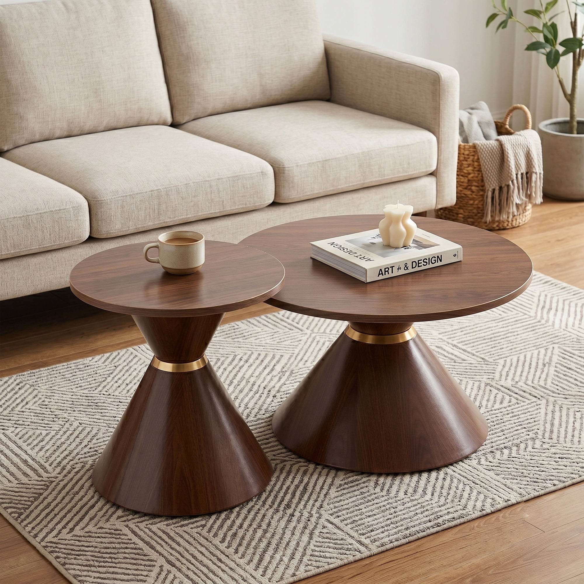 2-Piece Round Nesting Coffee Table Set with Hourglass Design and Metal Base, Mid-Century Accent Tables and Side End Tables for Living Room, Walnut