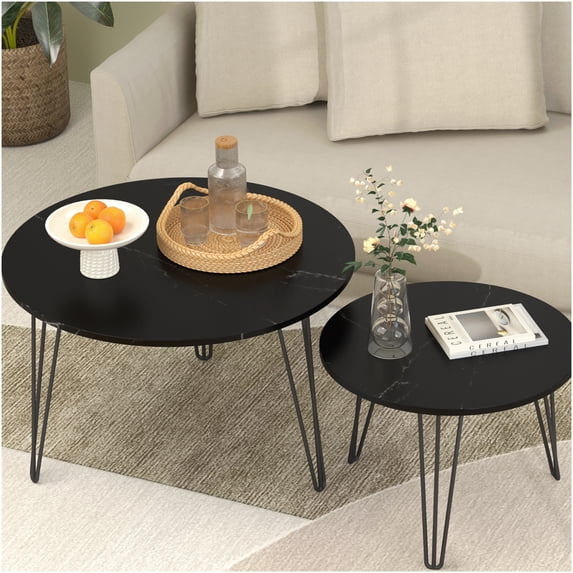 2-Piece Round Nesting Coffee Table Set with Marble Tabletop and Metal Base for Living Room, Bedroom, Black