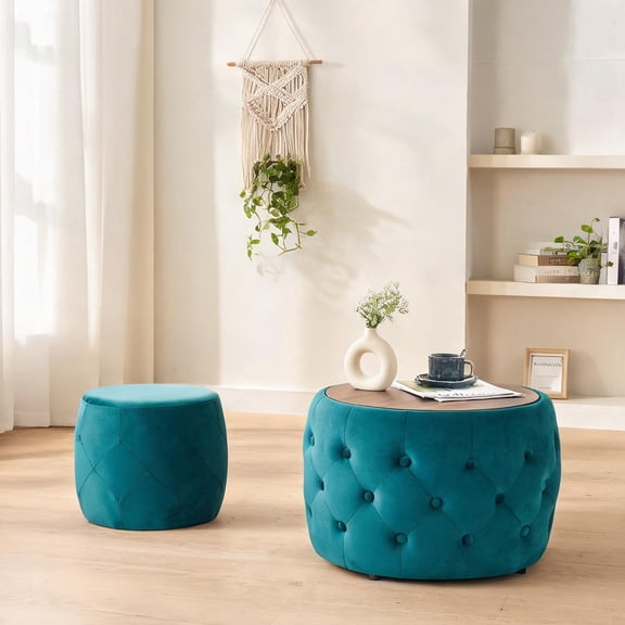 2-Piece Round Nesting Ottomans, Deep Blue Velvet 4-in-1 Function for Living Room
