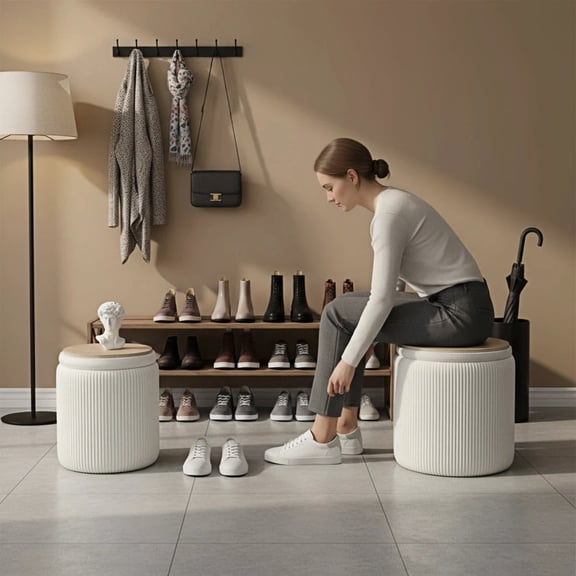 2-Piece Round Velvet Storage Ottoman Set, Multifunctional Padded Vanity Stool Foot Rest, Upholstered Seat for Living Room Bedroom Makeup Room