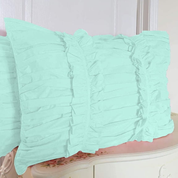 2 Piece Ruched Ruffle Pattern Solid Aqua Blue European Pillow Shams, (European 18X18 Pillow Cover), 100% Egyptian Cotton, 800 Thread Count, European Size