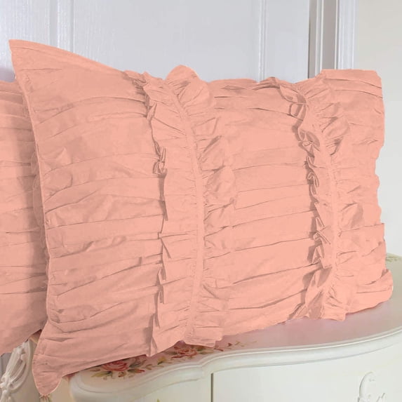 2 Piece Ruched Ruffle Pattern Solid Peach European Pillow Shams, (European 18X18 Pillow Cover), 100% Egyptian Cotton, 800 Thread Count, European Size