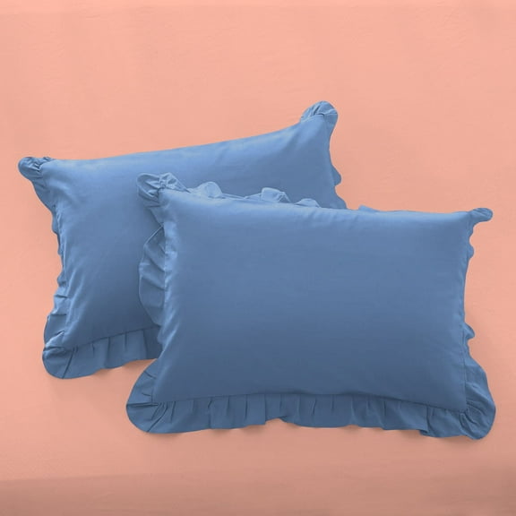 2 Piece Ruffle Solid Medium Blue European Pillow Shams, (European 26x26 Pillow Cover), 100% Egyptian Cotton, 800 Thread Count, European Size