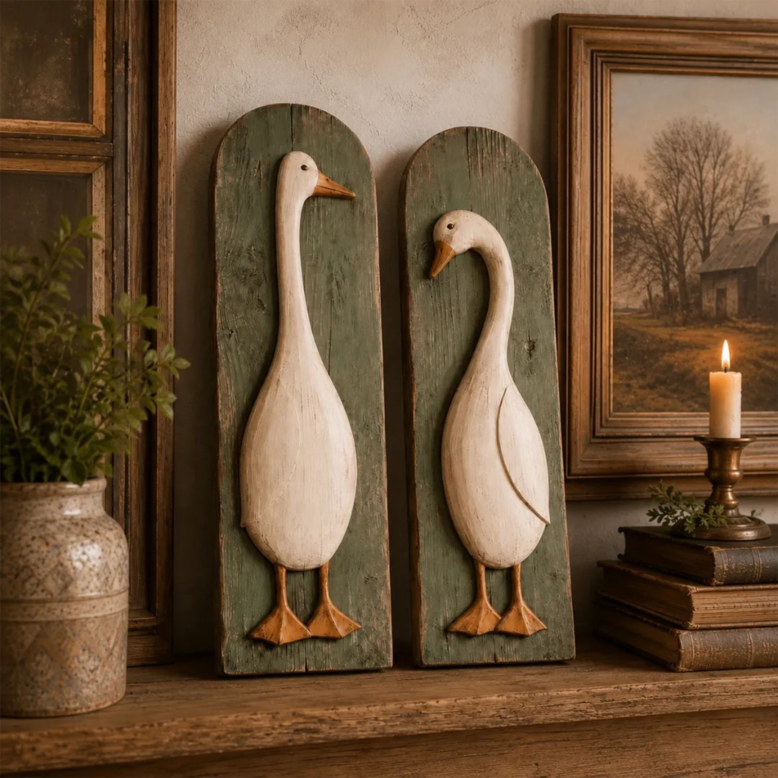 2-Piece Rustic Wooden Goose Wall Decor Set Vintage Farmhouse White ...