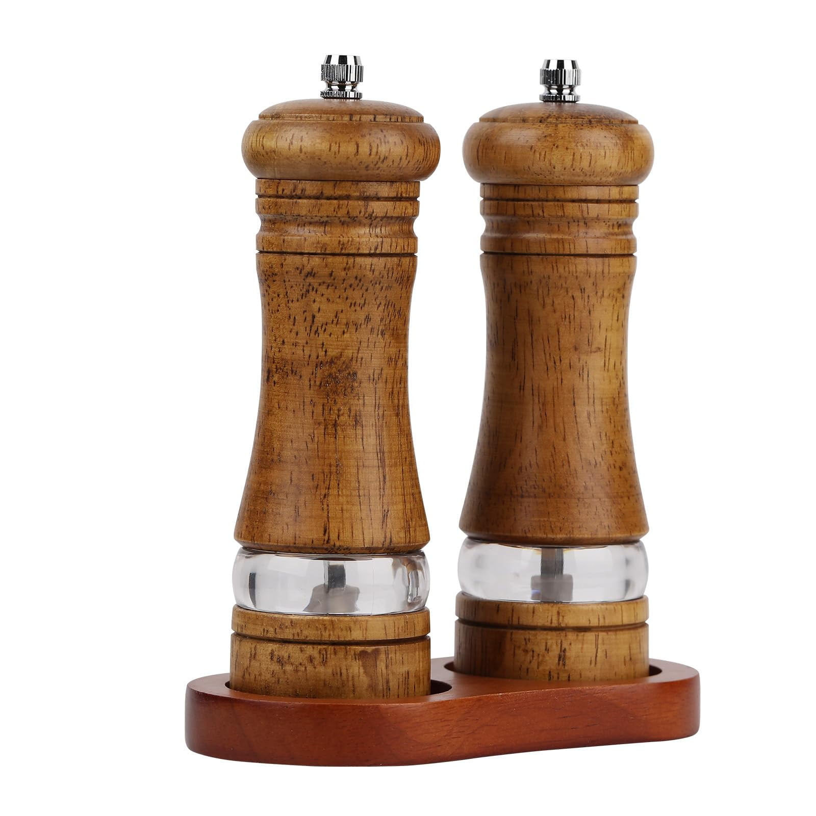 2-Piece Salt and Pepper Grinder Set with Wood Tray, 6 Inch Wooden Salt and Pepper Mills with Adjustable Coarseness, Refillable Manual Pepper Mill Grinder for Home Cooks （vintage color）