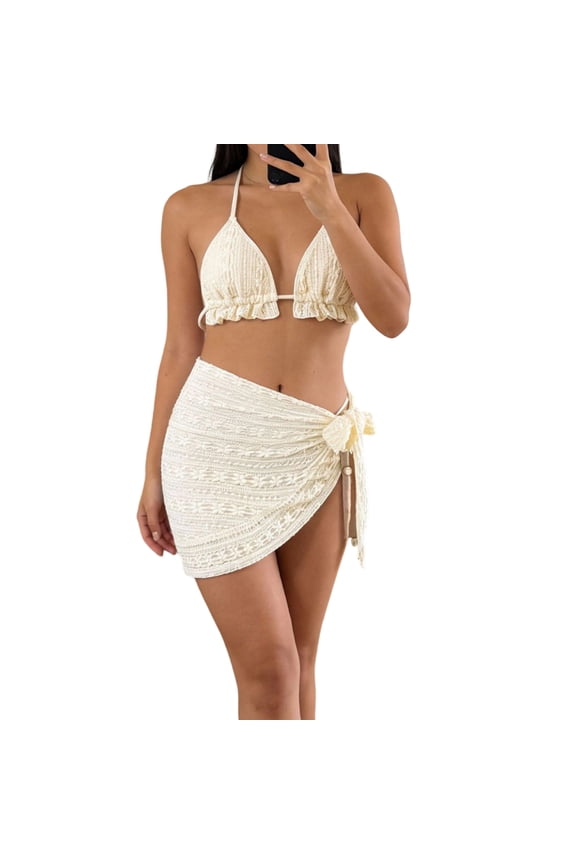 2 Piece Sarong Coverups for Women Beach Vacation Fishnet See Thru Tie Side Bathing Suit Cover Up Mini Skirt (Beige,S)