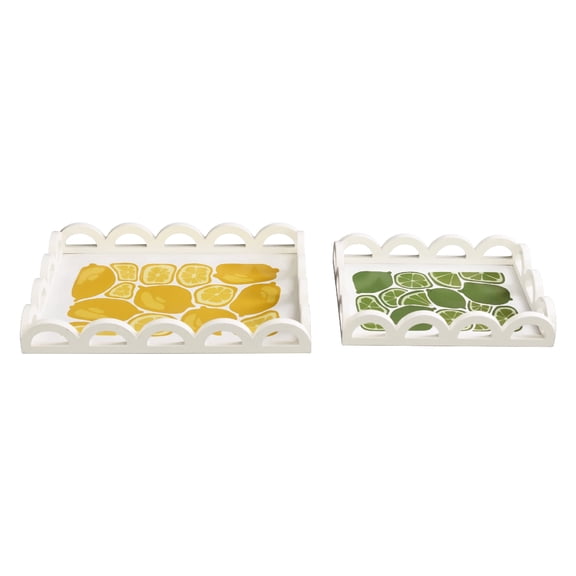 2-Piece Scalloped Rectangle Serving Tray Set, Lemon & Lime Citrus Print Decorative Kitchen Dining Trays for Kitchen Counter, Party Hosting, Coffee Table & Desk Organization