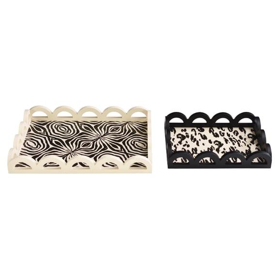 2-Piece Scalloped Rectangle Serving Tray Set, Leopard & Zebra Print Decorative Kitchen Dining Trays for Food, Drinks, Charcuterie, Party Hosting, Vanity & Desk Storage