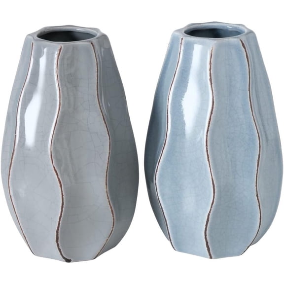 2 Piece Scandi Ripple Vase Set, Crackle Glazed, Pale Blue and Gray, Artisan Crafted, Stoneware, 7.5 Inches