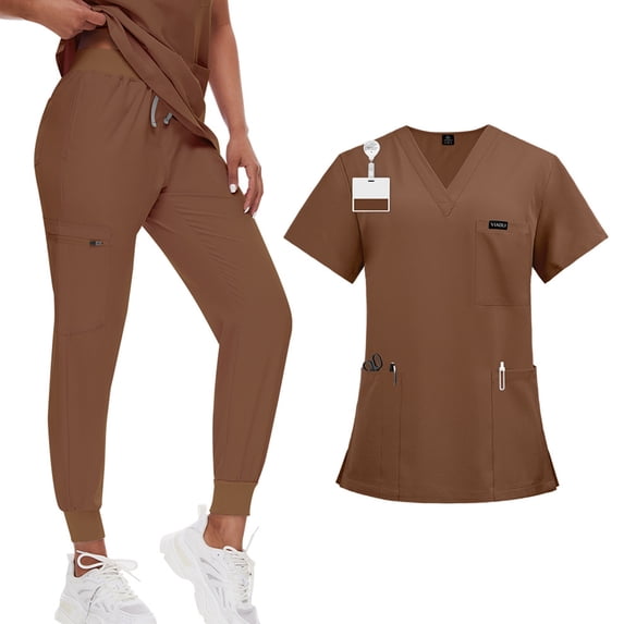 2 Piece Scrub Set for Women 2026 Spring Summer V-Neck Scrub Top & Drawstring Jogger Scrub Pants Stretch Nursing Workwear Quick Dry Working Uniforms with Multi Pocket for Doctors, Nurses Brown 2XL