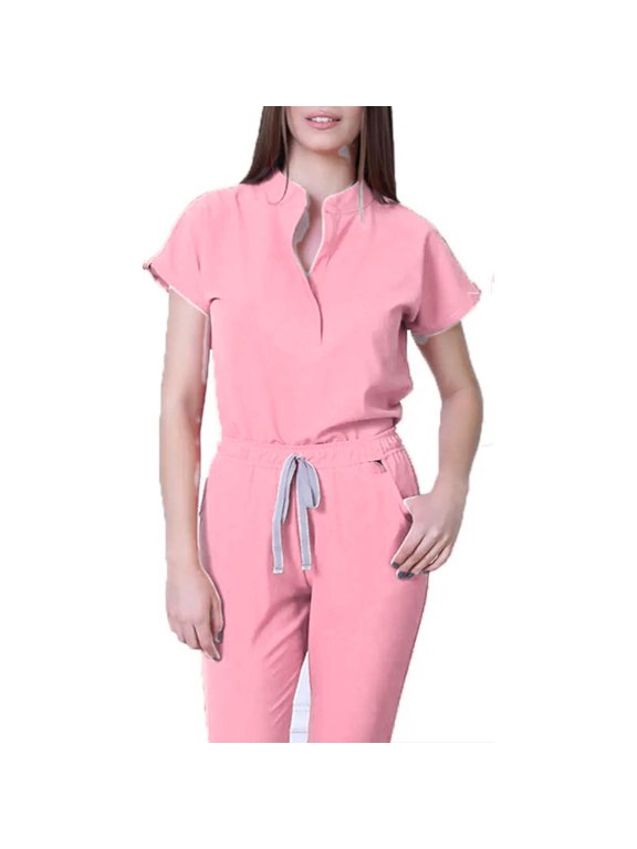 2 Piece Scrub Set for Women 2026 Spring Summer V-Neck Scrub Top & Jogger Scrub Pants Quick Dry Nursing Workwear Stretch Uniform Suits with Pockets Pink XL